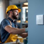 A photograph of a skilled lighting contractor expertly installing a four-speed fan switch in a stylish home setting