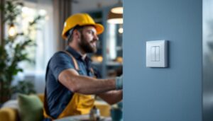 A photograph of a skilled lighting contractor expertly installing a four-speed fan switch in a stylish home setting
