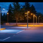 A photograph of capture a photograph of a well-lit outdoor parking lot showcasing various modern light fixtures in action during dusk or nighttime