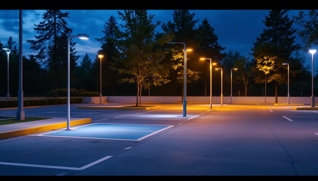 A photograph of capture a photograph of a well-lit outdoor parking lot showcasing various modern light fixtures in action during dusk or nighttime