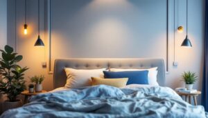A photograph of a beautifully designed bedroom featuring stylish overhead bed lights