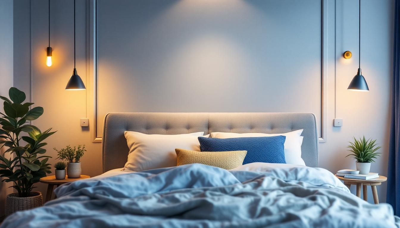 A photograph of a beautifully designed bedroom featuring stylish overhead bed lights