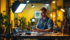 A photograph of a skilled lighting contractor at work