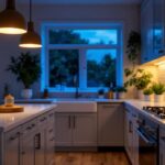 A photograph of a beautifully designed kitchen showcasing seagull under counter lighting in action