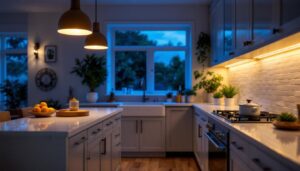 A photograph of a beautifully designed kitchen showcasing seagull under counter lighting in action