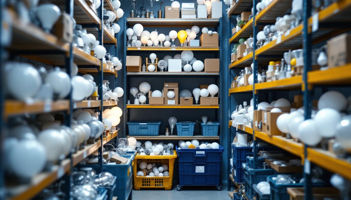 A photograph of a well-organized lamp storage area