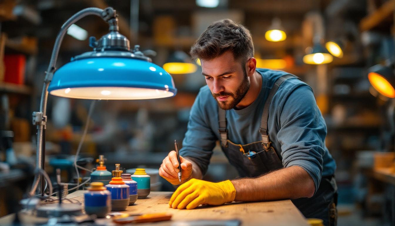 A photograph of a lighting contractor examining a set of wolff tanning bed lamps in a well-lit workshop