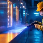 A photograph of a lighting contractor using uv lights to sanitize a commercial space
