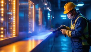 A photograph of a lighting contractor using uv lights to sanitize a commercial space