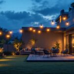 A photograph of a beautifully illuminated outdoor space at dusk