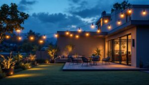 A photograph of a beautifully illuminated outdoor space at dusk