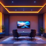 A photograph of a stylish game room featuring dynamic ceiling lights that highlight the space