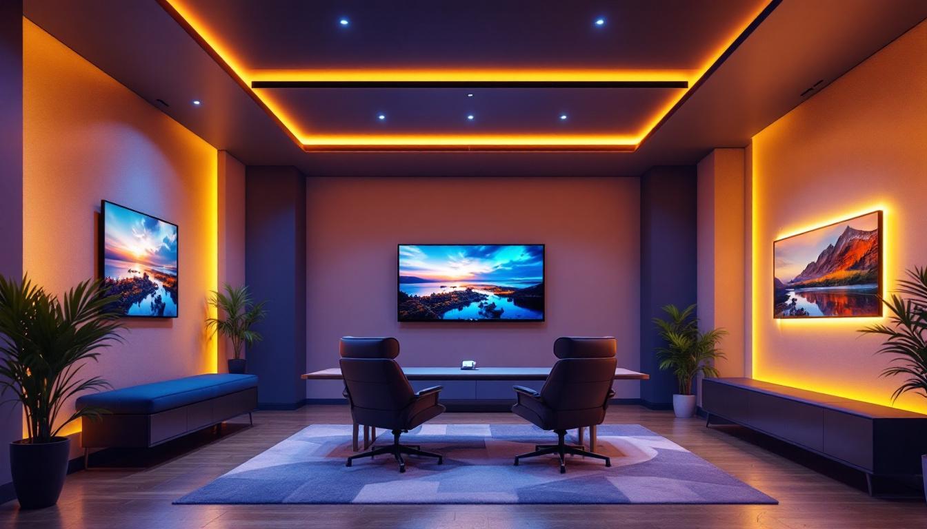 A photograph of a stylish game room featuring dynamic ceiling lights that highlight the space