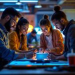 A photograph of a diverse team of professionals engaged in a hands-on training session