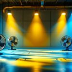 A photograph of a stylishly designed industrial space featuring small industrial fans integrated into innovative lighting setups