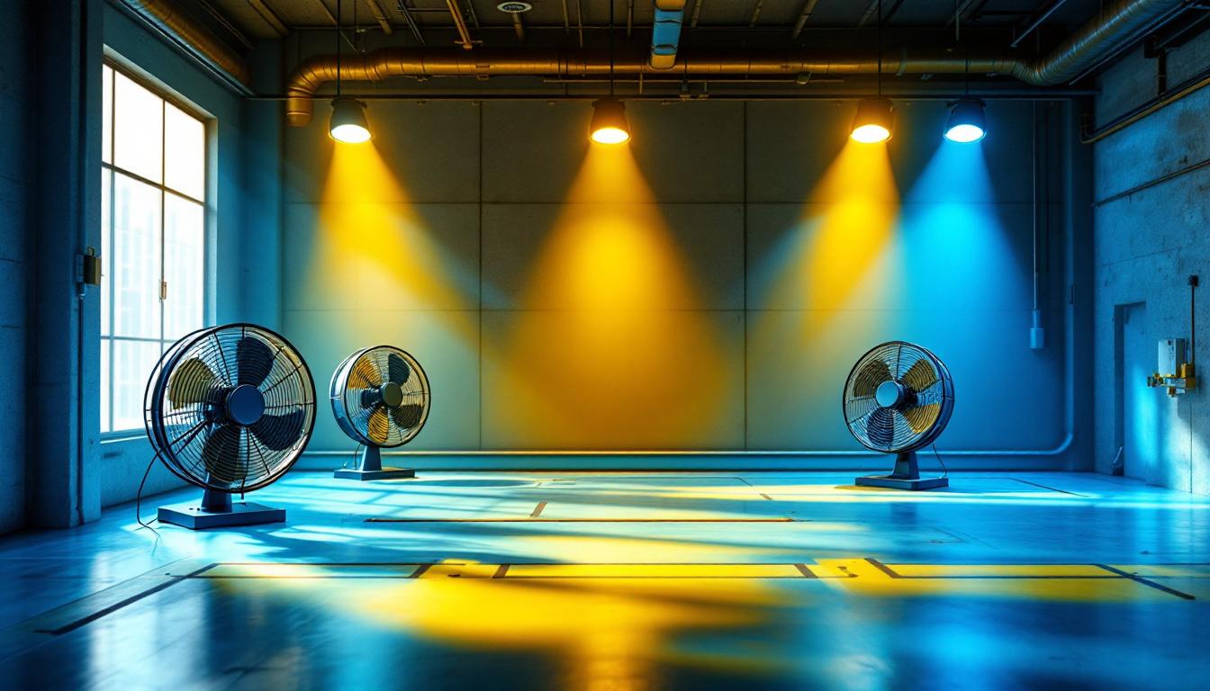 A photograph of a stylishly designed industrial space featuring small industrial fans integrated into innovative lighting setups