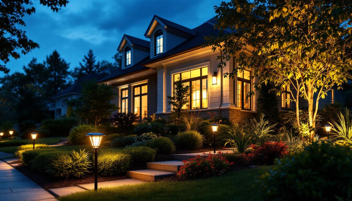 A photograph of a beautifully landscaped front yard illuminated by stylish solar lights at dusk