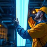 A photograph of a skilled lighting contractor expertly installing a large uv light fixture in a commercial space