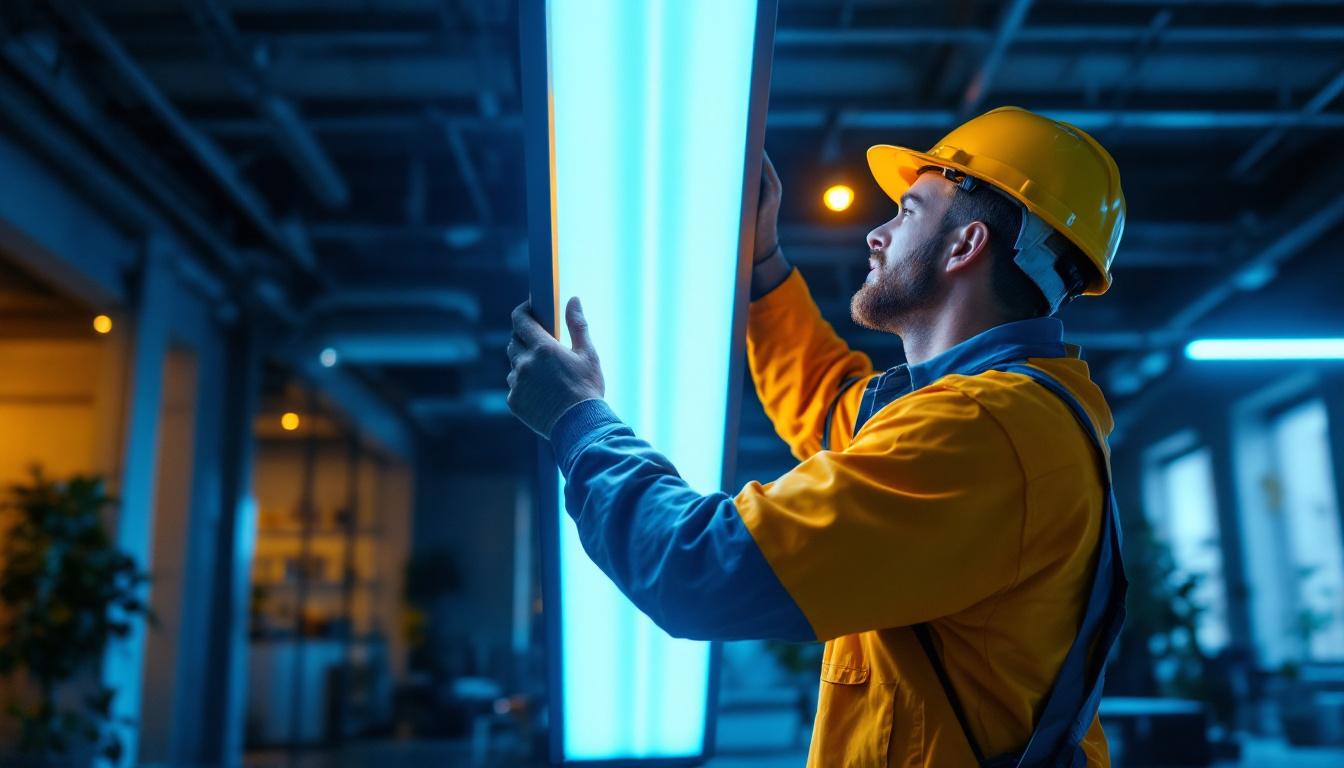 A photograph of a skilled lighting contractor expertly installing a large uv light fixture in a commercial space