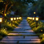 A photograph of a beautifully illuminated pathway featuring solar lights in a serene outdoor setting
