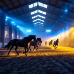 A photograph of a well-lit indoor horse arena showcasing various lighting installations