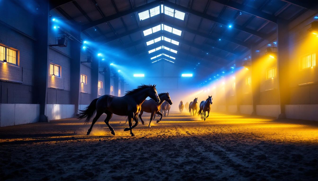 A photograph of a well-lit indoor horse arena showcasing various lighting installations