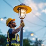 A photograph of a well-maintained used light pole installed in a local outdoor setting