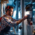 A photograph of a lighting contractor installing a timer switch in a modern lighting setup