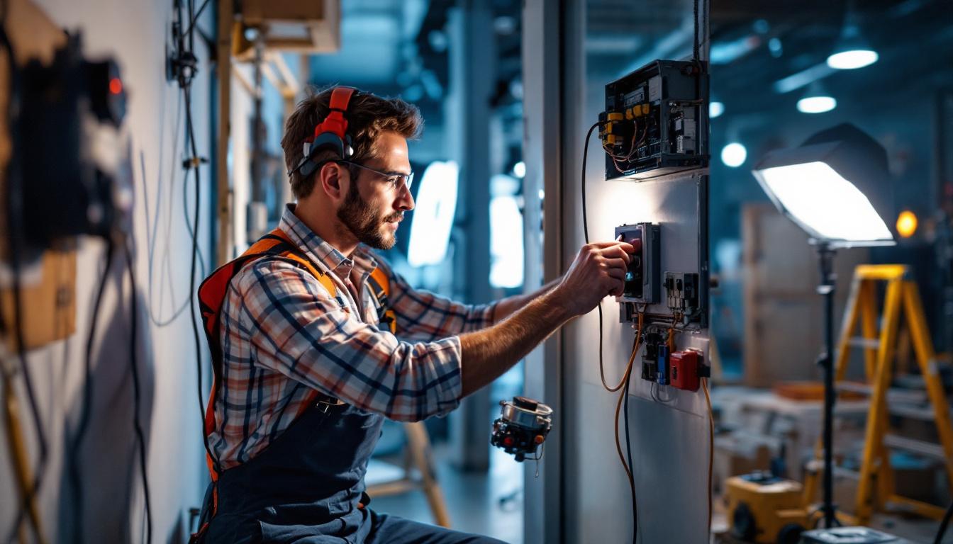 A photograph of a lighting contractor installing a timer switch in a modern lighting setup