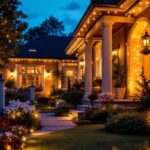 A photograph of a beautifully illuminated home exterior featuring warm white outdoor lights