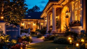 A photograph of a beautifully illuminated home exterior featuring warm white outdoor lights