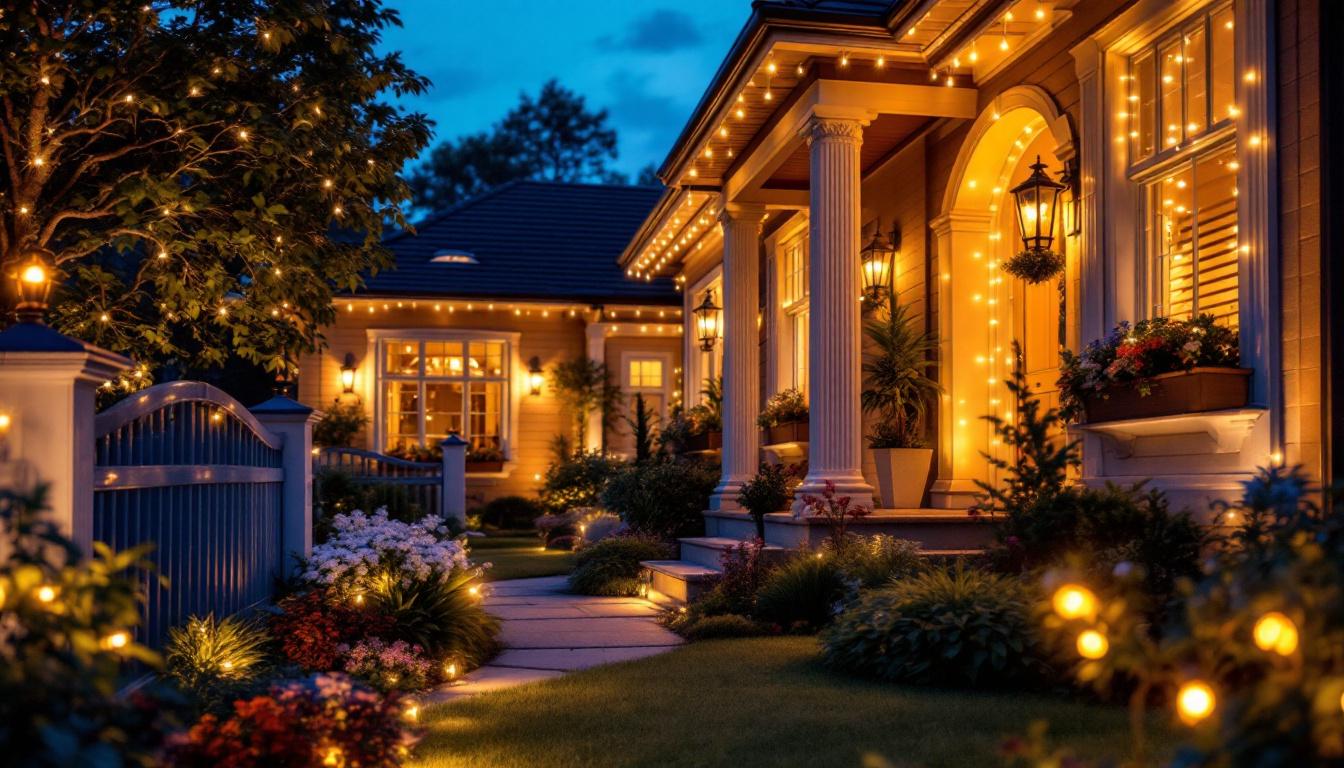 A photograph of a beautifully illuminated home exterior featuring warm white outdoor lights