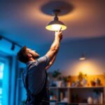A photograph of a well-lit interior space showcasing an uplight ceiling light in action