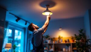 A photograph of a well-lit interior space showcasing an uplight ceiling light in action