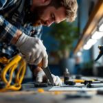 A photograph of a lighting contractor skillfully installing led lighting clips in a residential or commercial setting