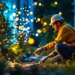 A photograph of a lighting contractor engaged in an outdoor installation