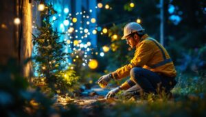 A photograph of a lighting contractor engaged in an outdoor installation