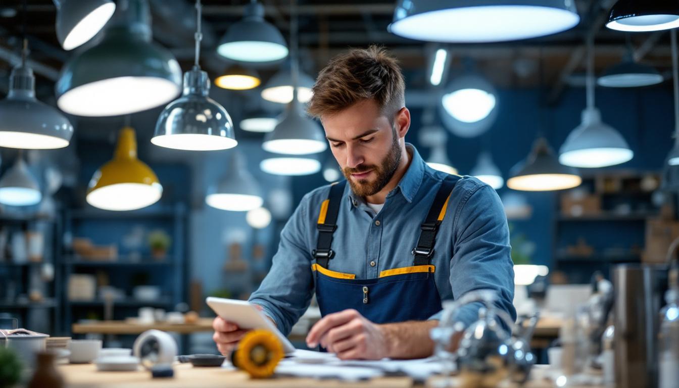 A photograph of a lighting contractor attentively examining various lighting fixtures in a well-lit workspace