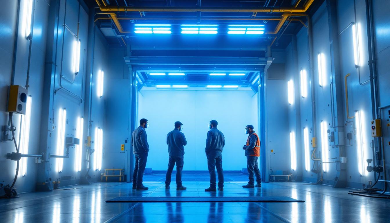 A photograph of a well-lit explosion-proof paint booth in action