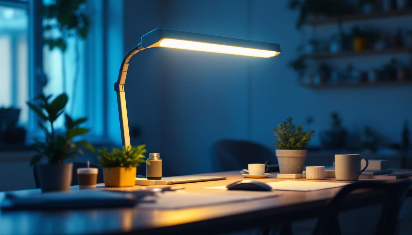 A photograph of a portable fluorescent light in use within a well-lit workspace