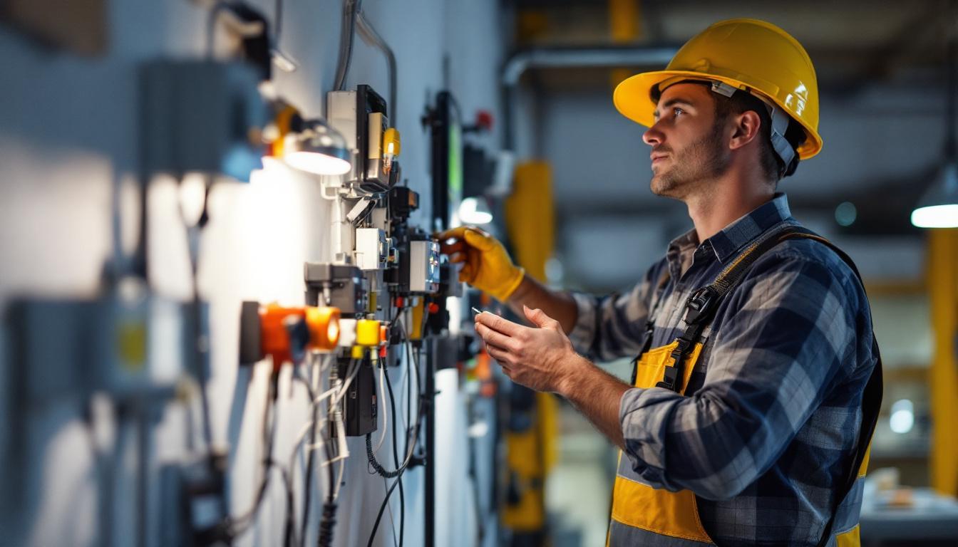 A photograph of a lighting contractor in action