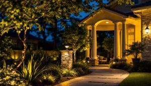 A photograph of a beautifully illuminated outdoor landscape featuring satco landscape lighting fixtures in use
