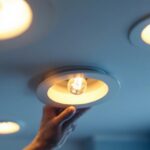 A photograph of a lighting contractor expertly installing halogen recessed lights in a modern home setting