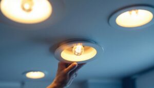A photograph of a lighting contractor expertly installing halogen recessed lights in a modern home setting