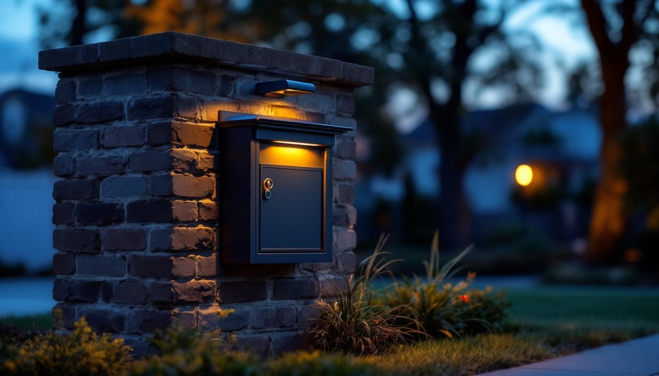 A photograph of a beautifully crafted brick mailbox illuminated by soft