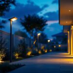 A photograph of a well-lit outdoor space featuring solar-powered security lights in action