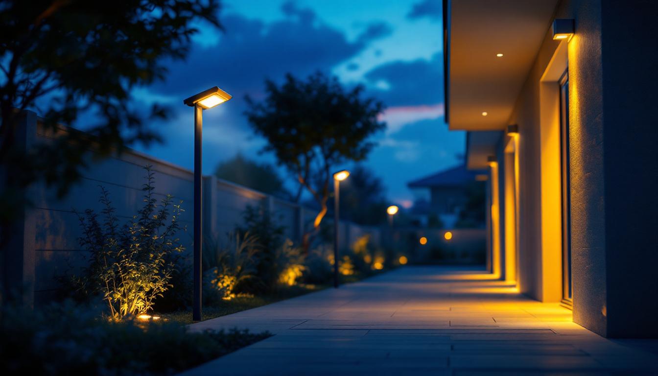 A photograph of a well-lit outdoor space featuring solar-powered security lights in action