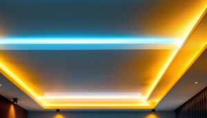 A photograph of a beautifully designed drop ceiling with integrated lighting