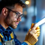 A photograph of a lighting contractor installing or examining a type a led tube in a commercial or residential setting