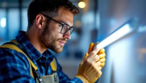 A photograph of a lighting contractor installing or examining a type a led tube in a commercial or residential setting